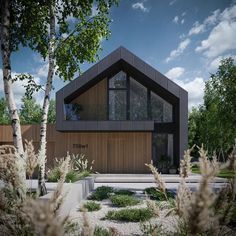 a rendering of a modern house in the middle of some trees and grass with bushes around it