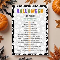 a halloween party game is shown with pumpkins and leaves around it, along with the words'halloween this or that? '