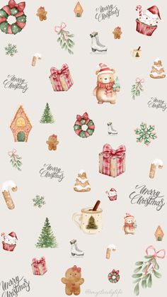 christmas wallpaper with teddy bears, presents and other holiday related items on white background