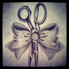 a pencil drawing of a pair of scissors with a bow on it's side