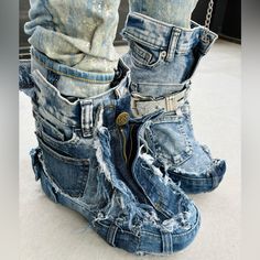 Our Unisex Denim Boots Demand Attention! Get Your Customized Distressed Denim Boots Today. Comes In All Sizes. We Ship Worldwide 1-2 Day Shipping From The Us. Made From 4 Pair Of High Quality, New, Distressed Denim Jeans, Using A Sturdy But Comfortable Boot To Make You Feel You’re Standing On Top Of The World. Denim Boots Outfit, Denim Fashion Outfits, Diy Ripped Jeans, Blue Jeans Crafts, Denim Inspiration, On Top Of The World, Funky Shoes, High Fashion Outfits, Denim Boots