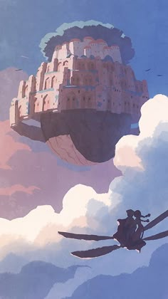 an image of a castle flying in the sky with two people on it's back