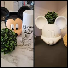 three different pictures of mickey mouse heads on a counter with plants and an air freshener dispenser