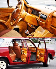 the interior and side doors of a wooden car