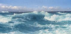 an oil painting of the ocean with large waves and sailboats in the distance on a sunny day