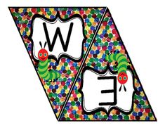 the letters w and e are decorated with colorful dots