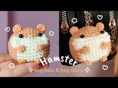 two small crocheted hamsters hanging from a purse