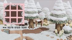 an animated winter scene with trees, snow and a pink frame for the window to be opened