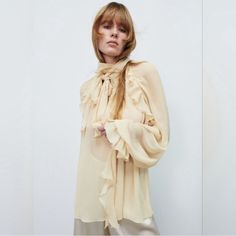 - Stunning Top - Brand New / Never Worn! - Can Be Styled Up Or Down :) Chic Beige Winter Blouse, Chic Winter Blouse For Day Out, Chic Winter Blouse By Zara, Chic Zara Blouse For Winter, Chic Cream Winter Blouse, Zara Ruffle Top, Bow Shirts, Stunning Tops, Poplin Top