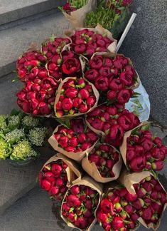 bunches of red flowers sitting on the ground next to broccoli