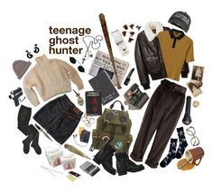 an assortment of clothing and accessories arranged in the shape of a circle with text reading teenage ghost hunter