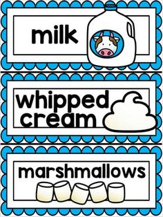 a blue and white poster with words that say milk, whipped cream, marshmallows