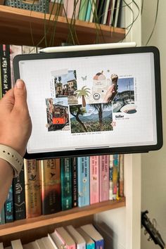 a person holding up a tablet with pictures on it in front of bookshelves