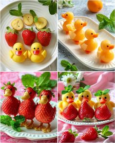 several pictures of different fruits and vegetables made to look like little chicks with strawberries on them