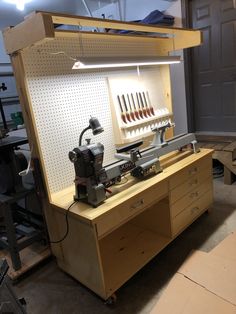 a workbench with many tools on it