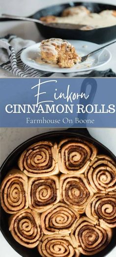 cinnamon rolls in a cast iron skillet on a white counter top with text overlay