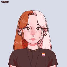 a drawing of a girl with red hair and brown eyes wearing a black t - shirt