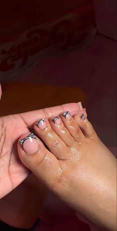 Creative Pedicure Ideas, Acrylic Nails Toes Art Designs, White Toenail Ideas, Nail Designs White French Tip, Zebra Toe Nail Designs, Black French Tip Toes With Design, Funky Toe Nail Designs, French Toe Nails With Design, Y2k Toe Nail Designs