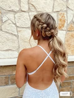 Pretty braided updo braided ponytail perfect for a prom hairstyle. With beautiful wavy hair or curly hair. Will match your prom dress perfectly! Low Ponytail Homecoming Hair, Braided Ponytail Bridesmaid Hair, Elegant Prom Hairstyles Ponytail, Hoco Updos For Long Hair, Formal Hairstyles Updo Ponytail, Prom Hair Ponytail Curly, Braided Ponytail Wedding Hair, Prom Low Ponytail Hairstyles, Grad Hair Updo