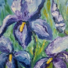 an oil painting of purple flowers with green leaves