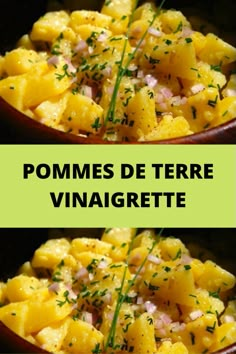 potatoes with herbs in a brown bowl on a green background and the words pommes de terrie vinaigrete