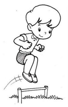 a black and white drawing of a boy jumping over a hurdle