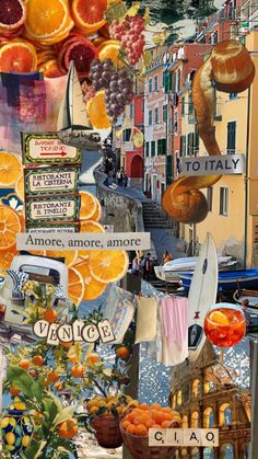 a collage of oranges and other things in the city with words written on them