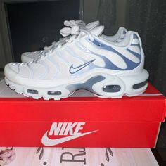 Nike Women’s Air Max Plus Sneakers Size 8.5 Summit White/Ashen Slate Nike Tn, Air Max Women, Air Max Plus, White Nikes, Air Max, Nike Women, Nike Shoes, Athletic Shoes, Blue And White