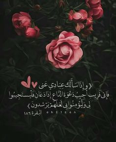 an arabic quote with pink roses in the middle and green leaves around it, on a black background