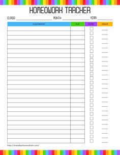 a printable homework tracker with rainbow stripes