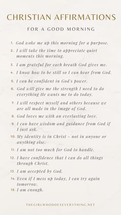 a sheet of paper with the words, christian affirmations for a good morning