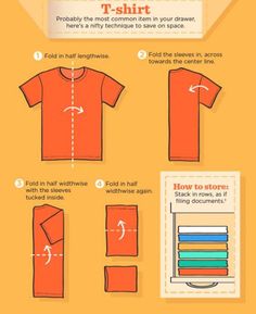 an orange shirt with instructions on how to fold it and how to sew it