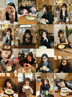 many different pictures of people eating and drinking at a restaurant or coffee shop, with one woman holding up her hand to her face