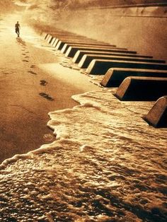 the person is walking along the beach near the water's edge as the tide comes in