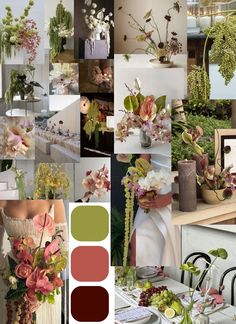 a collage of photos with flowers and greenery