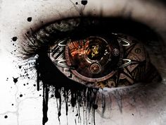 an eye with black paint splattered all over it and the reflection of someone's eye