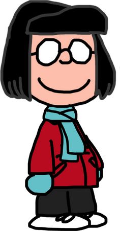 a cartoon girl with glasses and a red jacket is standing in front of a white background