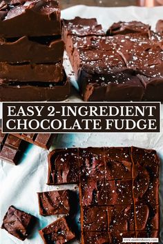 easy 2 ingredient chocolate fudge recipe on a sheet of parchment paper with text overlay