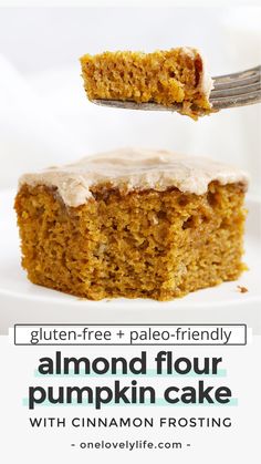 a slice of gluten - free pumpkin cake with cinnamon frosting on top