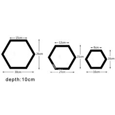 three hexagonals are shown in different sizes and shapes, with measurements for each one