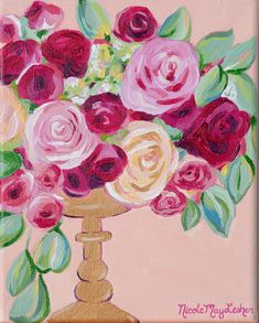 a painting of pink and red flowers in a gold vase on a light pink background