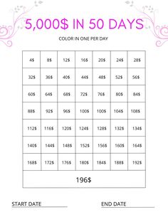 the printable 50 dollars in 50 days game