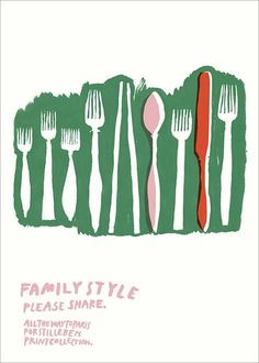 a drawing of forks and spoons with the words family style please share on it