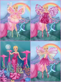 four different pictures of a fairy with pink hair