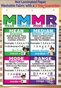 a poster with the words mean median mode range written in different colors and numbers on it