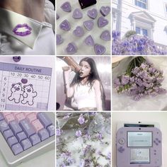 the collage is filled with purple and white flowers, hearts, keys, cell phones, and pictures