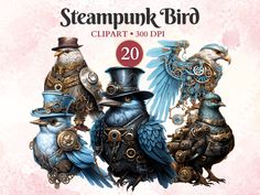 the steampunk bird clipart bundle is available for $ 20 per piece and includes three birds in top hats