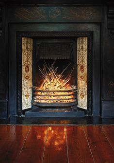 a fire place in a room with wood floors