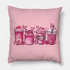 a pink pillow with three different types of coffees and milkshakes on it