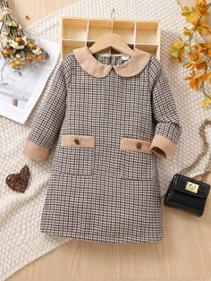 Multicolorido Casual Collar Manga Comprida Tecido Pied de poule Túnica Embellished Elasticidade Baixa  Roupas para meninas Pan Collar Dress, Vintage Childrens Clothing, Toddler Dresses, Winter Outfits For Girls, Kids Dress Patterns, Fancy Costumes, Peter Pan Collar Dress, Skirts For Kids